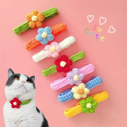 Kawaii Crochet Pet Collar – Adjustable Wool Flower Necklace