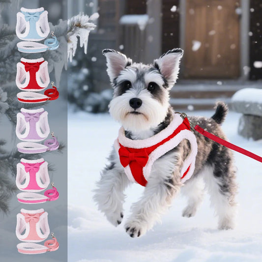 Soft Dog Harness Leash Set – Adjustable Winter Vest with Bowtie